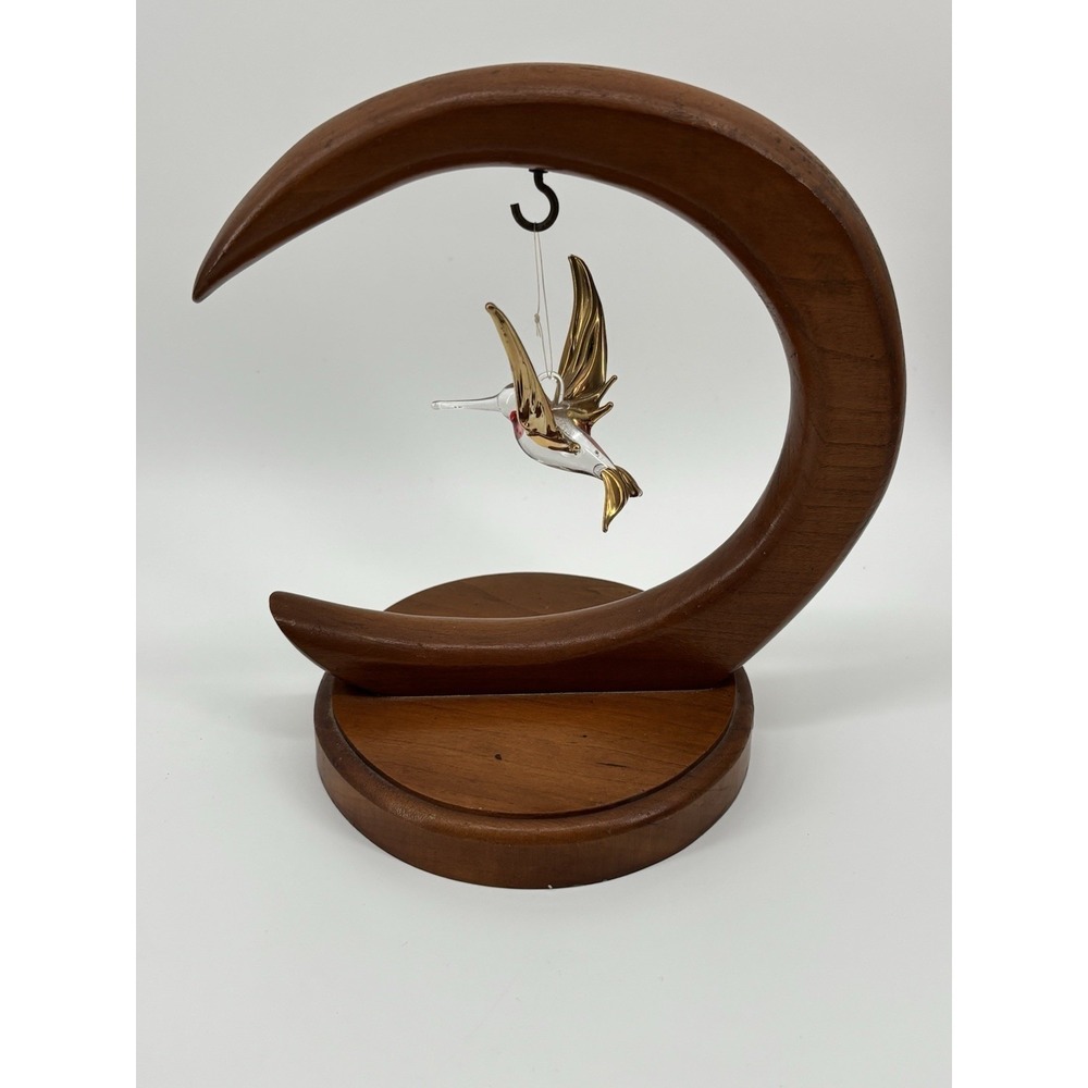 Vtg Wood Crescent Stand With Glass Hummingbird Moon Ornament Display‎ Holder 7"